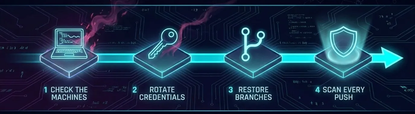 1 Check the machines, 2 Rotate credentials, 3 Restore branches, 4 Scan every push